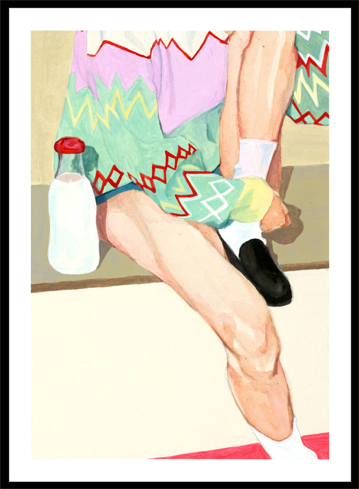 Shop Colorful Sweater Milk by Sophia Novosel, a modern figurative wall art print poster featuring a patterned sweater, milk bottle, crossed legs, and bold color.