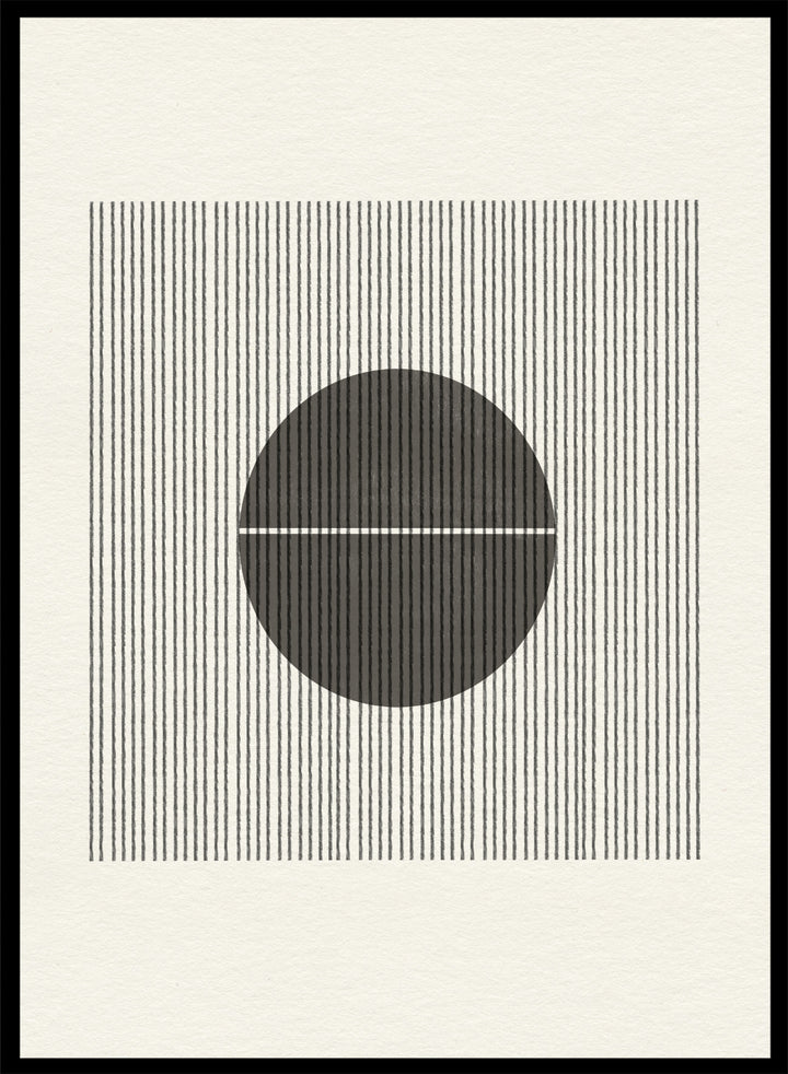 Geometric design with a circle and horizontal line on a striped background. Line and Circle Harmony by The MIUUS Studio is a minimalist abstract art print and wall poster featuring geometric linework, bold contrast, and modern black and white design.