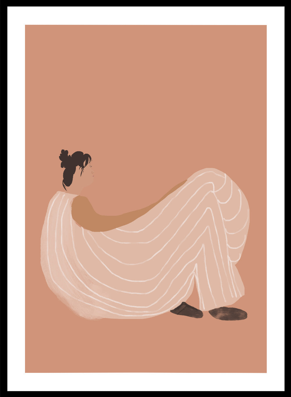Warm minimalist woman art print by Casa Cartissi featuring soft peach tones and relaxed figure illustration. Contemporary modern wall poster with calm, sunlit aesthetic.
