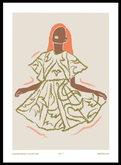 Woman in Green Floral Dress Wall Art Print | Hand Drawn Contemporary Fashion Illustration, Modern Aesthetic Girl Bold Abstract Poster