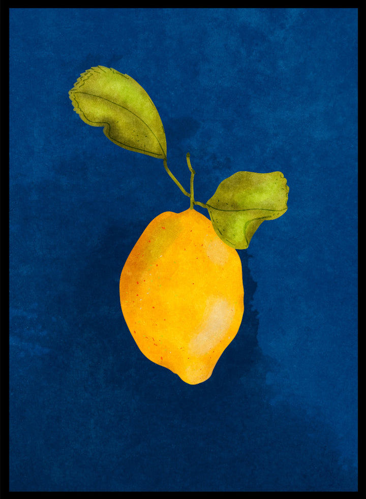 Just a Little Lemon by Raissa Oltmanns is a modern lemon art print featuring a bold yellow citrus still life on deep blue wall poster design.