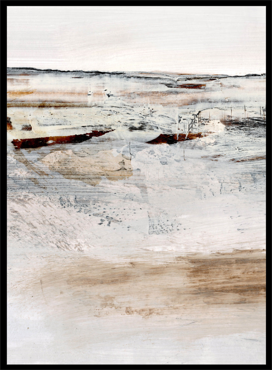 Shop August No. 01 by Dan Hobday, an abstract landscape art print featuring soft neutral tones, rust accents, layered brushwork, and an open windswept feel.