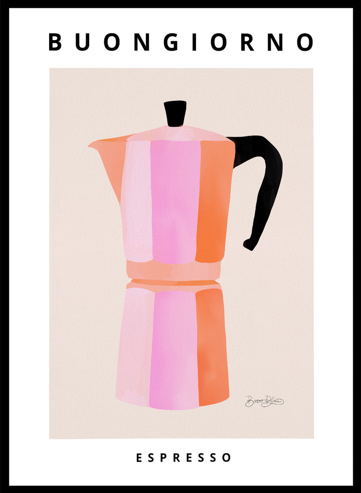 Colorful pink striped coffee maker with 'Buongiorno Espresso' text on a beige background. Buongiorno Espresso by Baroo Bloom is a modern coffee art print featuring a colorful moka pot illustration. Officially licensed wall poster with optional framing.