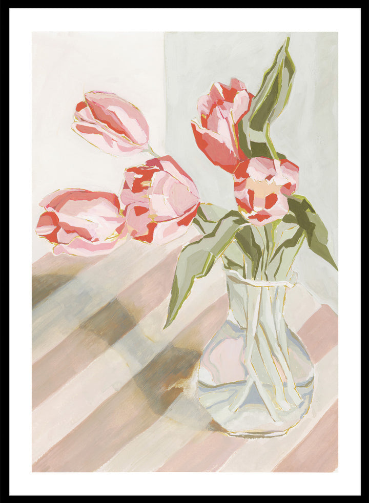Artistic depiction of pink tulips in a clear vase on a striped background. Tulips in a Vase by Lucrecia Caporale is an officially licensed still life art print featuring pink tulips in a glass vase. Available framed or unframed.