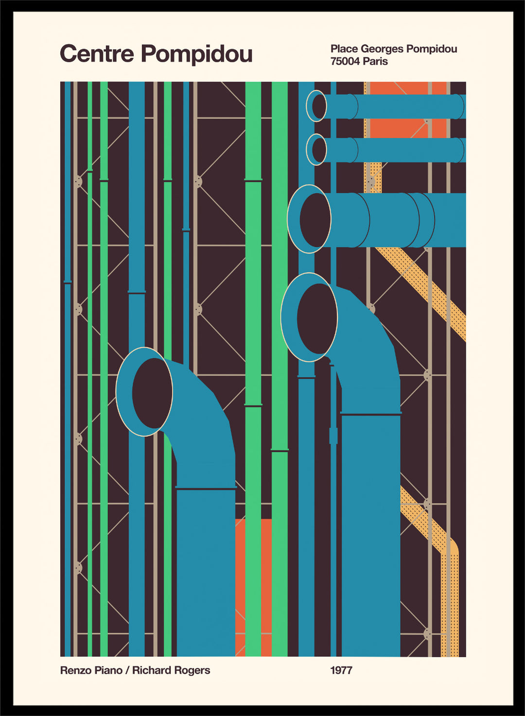 Poster of Centre Pompidou with abstract design and text. Colorful Architectural Pipes by Florent Bodart is a modern architectural art print inspired by Centre Pompidou pipes, a bold geometric wall poster with vibrant color.
