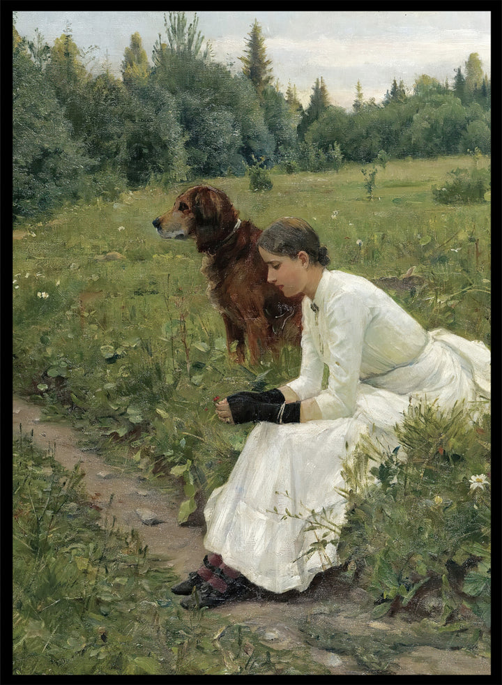 Idyll by Gerhard Munthe is a vintage Norwegian landscape print featuring a woman in a white dress resting with her dog in a green summer meadow.
