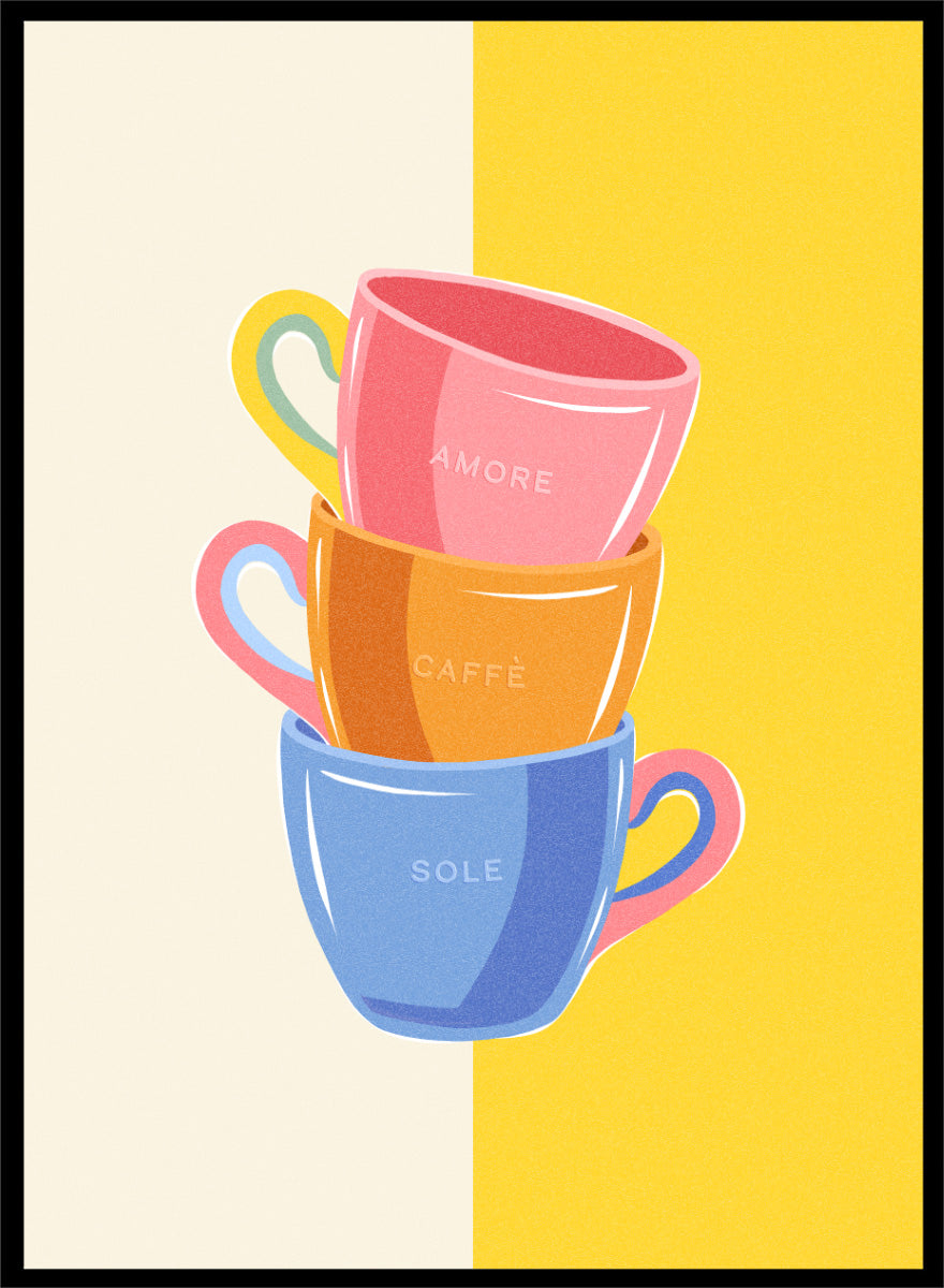Shop Amore Caffè Sole Cups by Dominique Vari, a colorful kitchen wall art print poster featuring stacked coffee cups, Italian words, and retro café style.