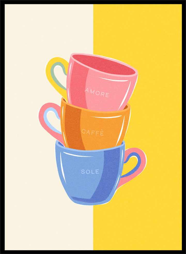 Shop Amore Caffè Sole Cups by Dominique Vari, a colorful kitchen wall art print poster featuring stacked coffee cups, Italian words, and retro café style.