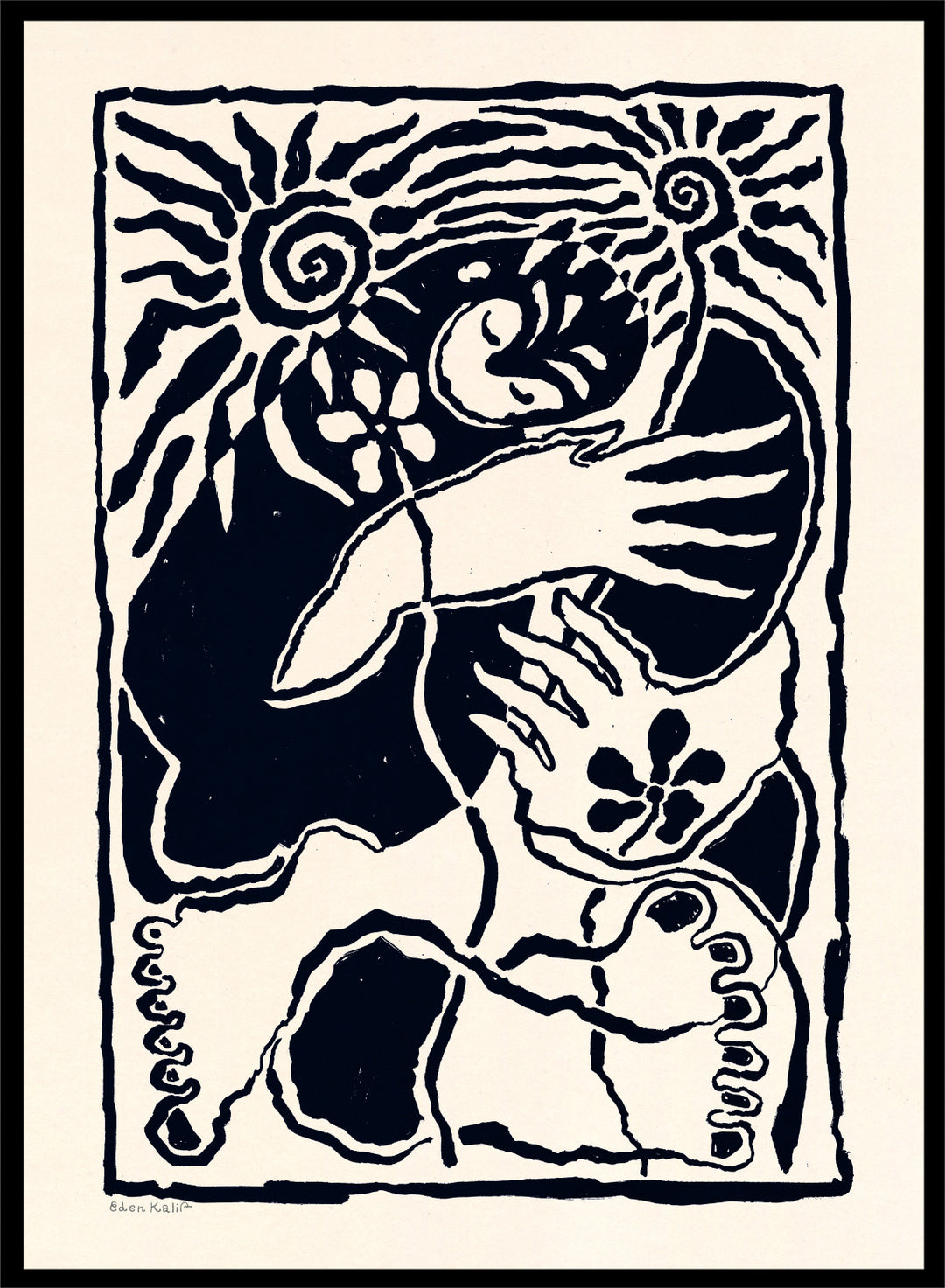 Black and white artwork of a stylized figure with abstract patterns. Protection Black by Eden Kalif is a modern abstract figurative art print in bold black, a contemporary aesthetic wall poster with expressive shapes and symbolic elements.