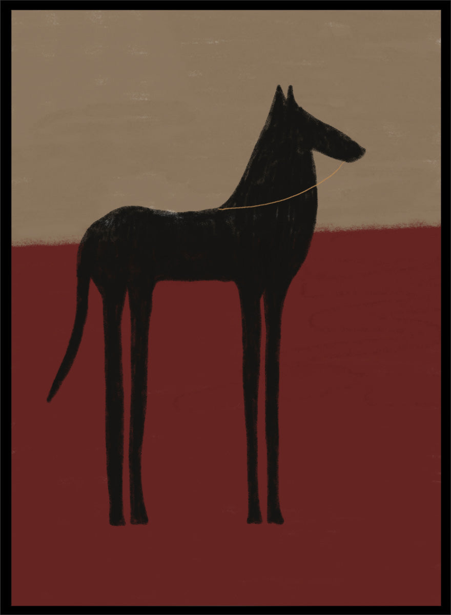 A stylized painting of a black dog silhouette standing in profile against a two-tone background with a beige upper half and a deep red lower half. Abstract Black Horse by The Art Concept animal art print featuring a tall black horse against deep red and muted taupe tones.