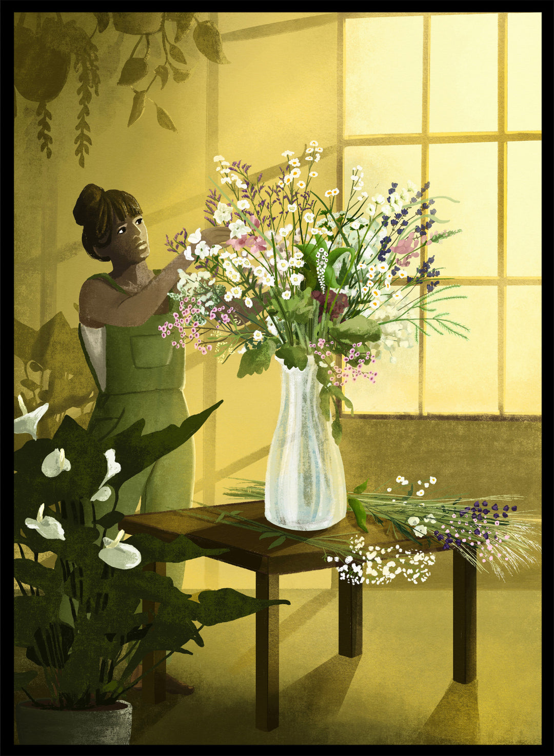 Woman in a green dress holding a bouquet of flowers in a softly lit room. In the Cracks of Light I Dream by Goed Blauw is a floral art print and wall poster featuring a woman arranging flowers in warm window light.