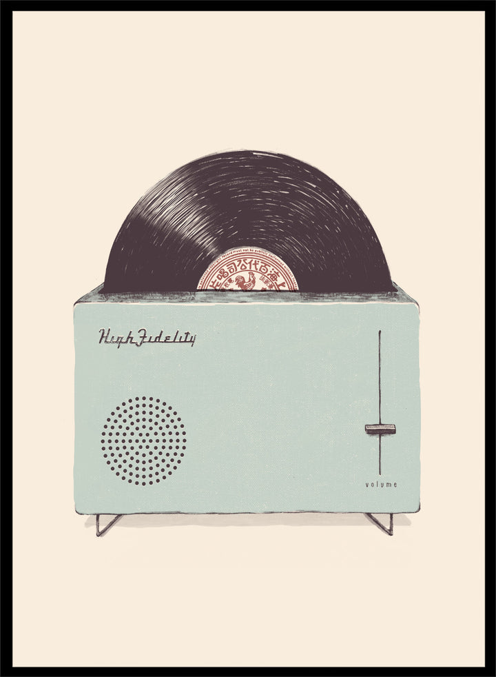 Vintage-style record player with vinyl record on a beige background. Retro Record Toaster by Florent Bodart is a playful vintage-inspired art print featuring a record player toaster, a modern retro wall poster with music theme.