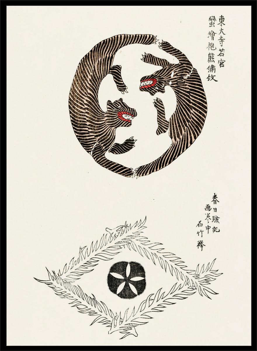 Tigers Yatsuo no Tsubaki by Taguchi Tomoki is a vintage Japanese art print featuring striped tigers, floral motifs, and traditional woodblock illustration.
