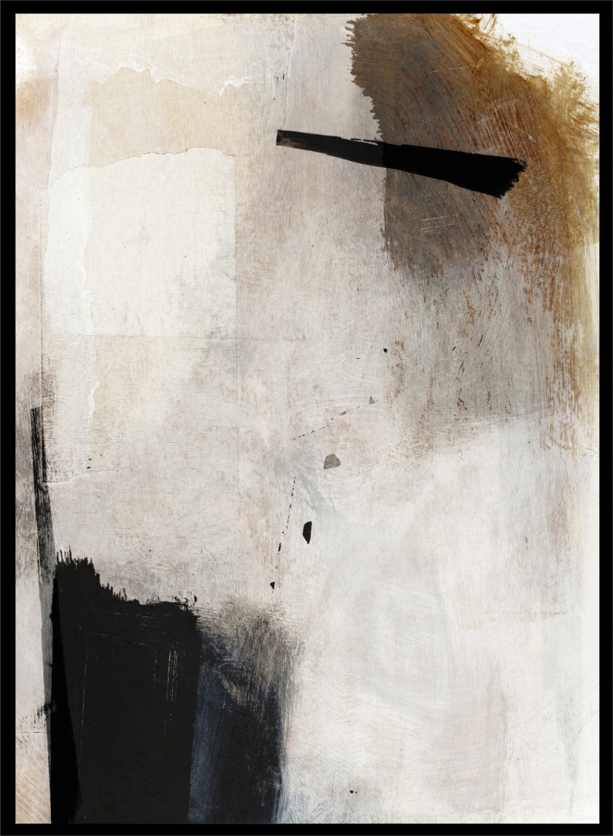 Abstract mixed-media painting with layered off-white, beige, brown, and black brushstrokes. Shop Whole Day by Dan Hobday, a neutral abstract art print with bold black forms, soft earthy tones, layered brushwork, and a modern minimalist feel.