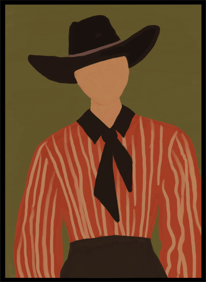 A stylized Western portrait painting of a person wearing a black cowboy hat, a red-orange and cream vertically striped shirt, and a black necktie against an olive green background. Modern Western Portrait by The Art Concept art print featuring a cowboy hat, striped rust shirt, neck scarf, and warm olive tones.