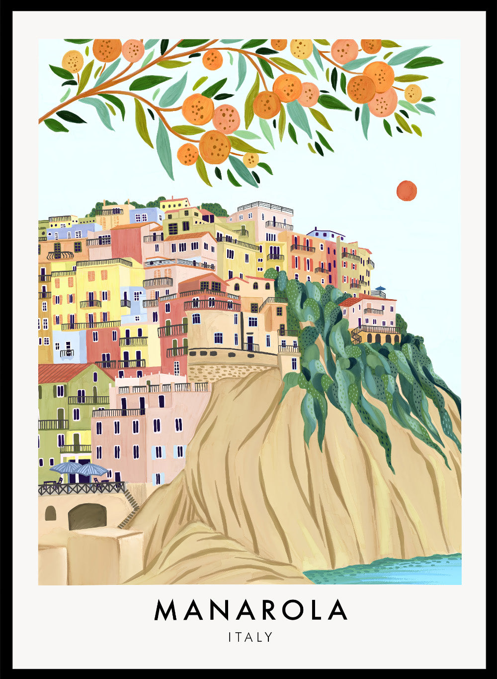 Manarola Cinque Terre Italy Colorful Coastal Ocean Town Villa Travel City Art Print | Landscape Illustration, Europe Travel Poster