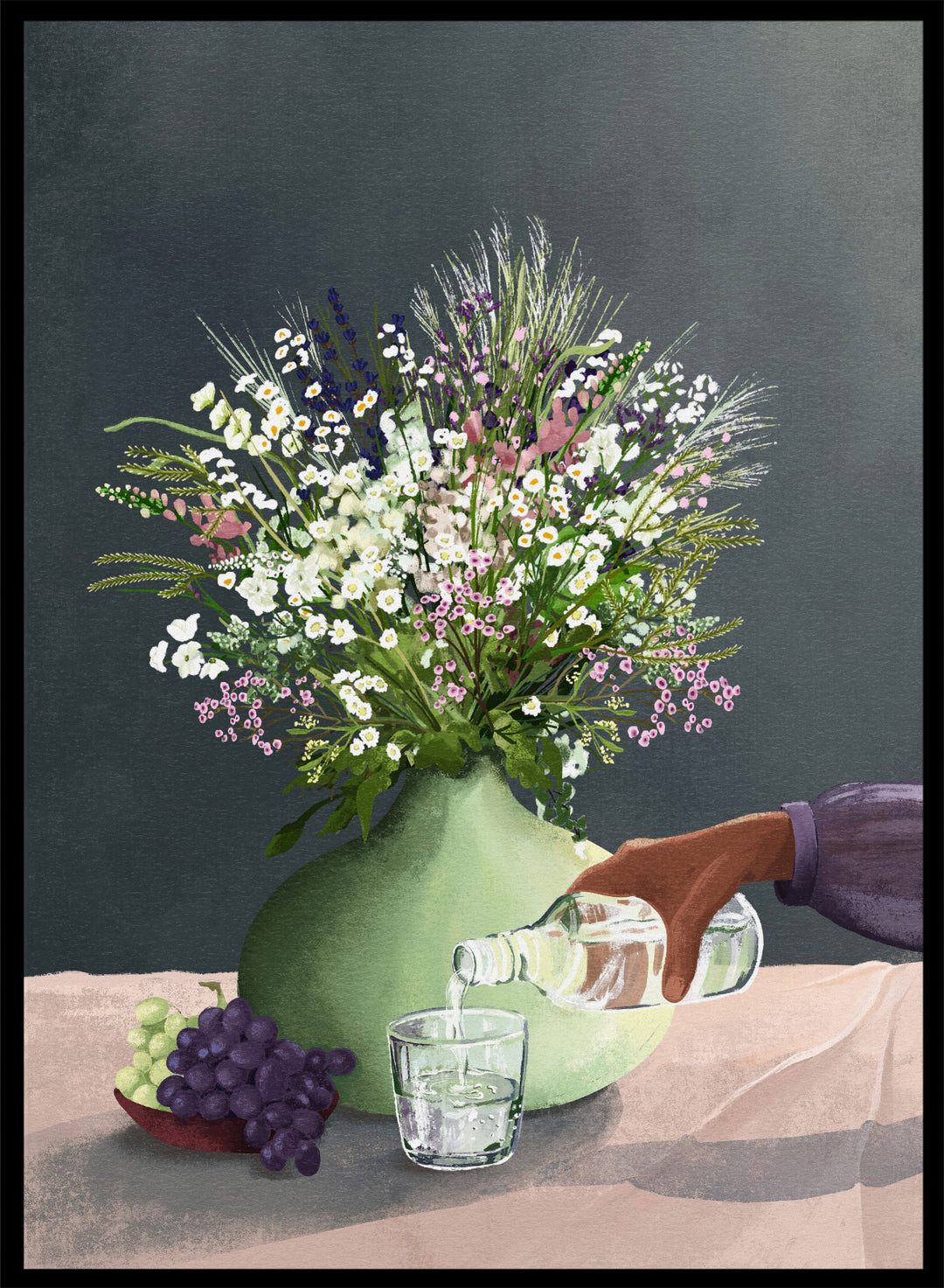 Still life with a green vase of flowers, grapes, and a glass being filled with a bottle. Frivolous Afternoon by Goed Blauw is a modern still life art print and wall poster featuring wildflowers, grapes, and a quiet pouring moment in soft, muted tones.