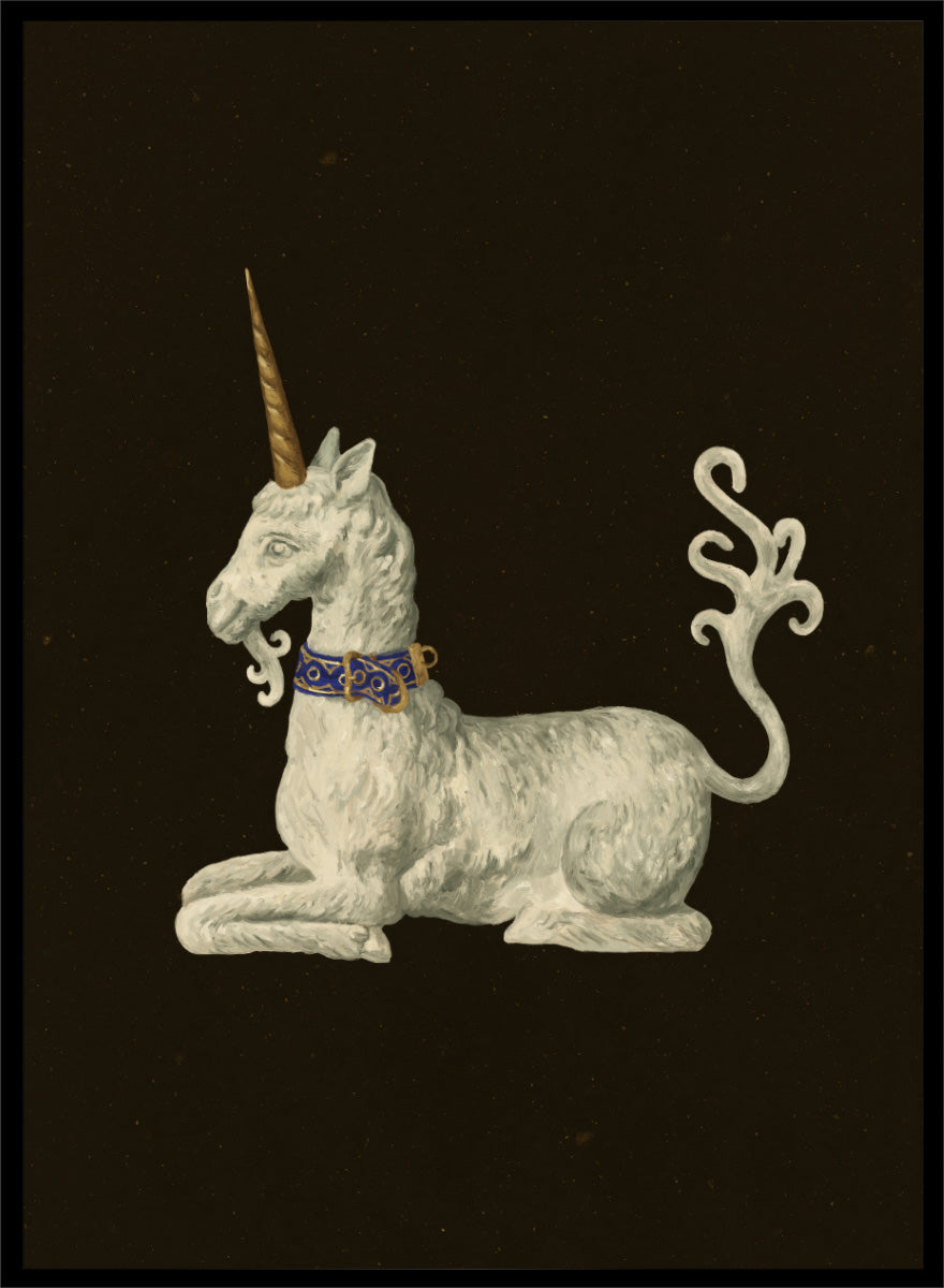 Shop Regal White Unicorn by NKTN, a whimsical unicorn wall art print poster featuring a white mythical figure, golden horn, ornate blue collar, and dark background.