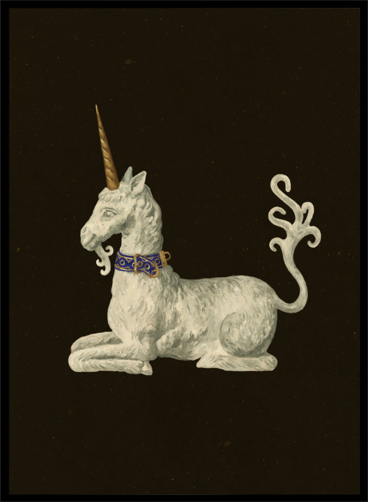 Shop Regal White Unicorn by NKTN, a whimsical unicorn wall art print poster featuring a white mythical figure, golden horn, ornate blue collar, and dark background.