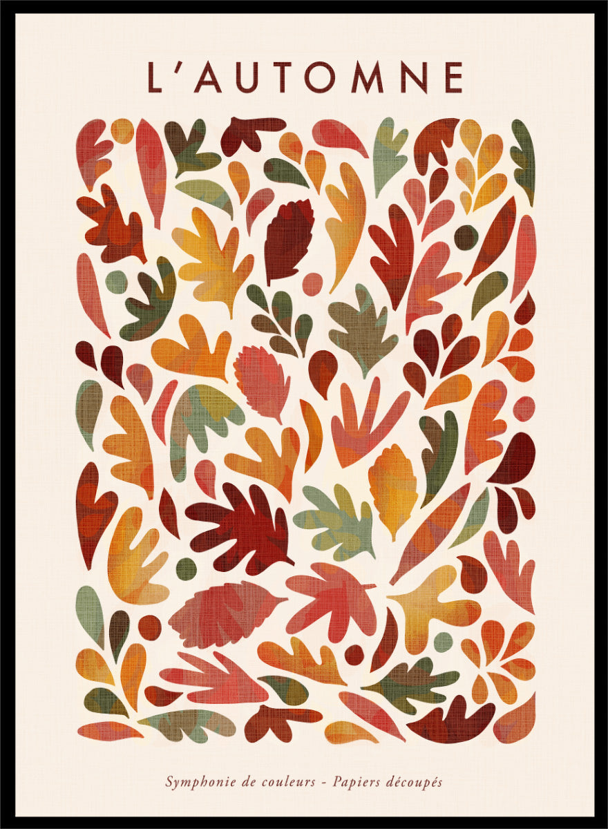 Shop Earthy Organic Leaves by Dominique Vari, an autumn botanical wall art print poster featuring abstract fall leaves in orange, red, olive, mustard, and warm earthy tones.