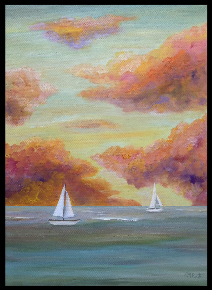 A framed painting of two white sailboats on a calm blue-green sea under a sky filled with soft, painterly clouds in pink, orange, yellow, and purple tones. Shop Sailboat Sunset Sky by Angeles M. Pomata, a coastal landscape art print featuring sailboats, calm water, and a glowing sunset sky.