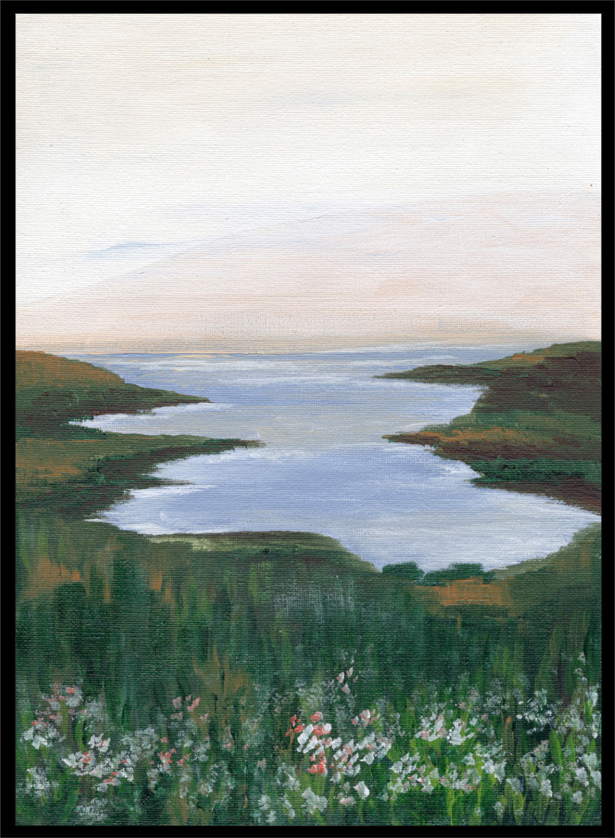A landscape painting of a winding river or inlet between green hills, with a pale sky above and wildflowers in the foreground. Shop Wildflower Coast View by Nikita Jariwala, a coastal landscape wall art print poster featuring ocean views, green cliffs, wildflowers, and soft blue tones.