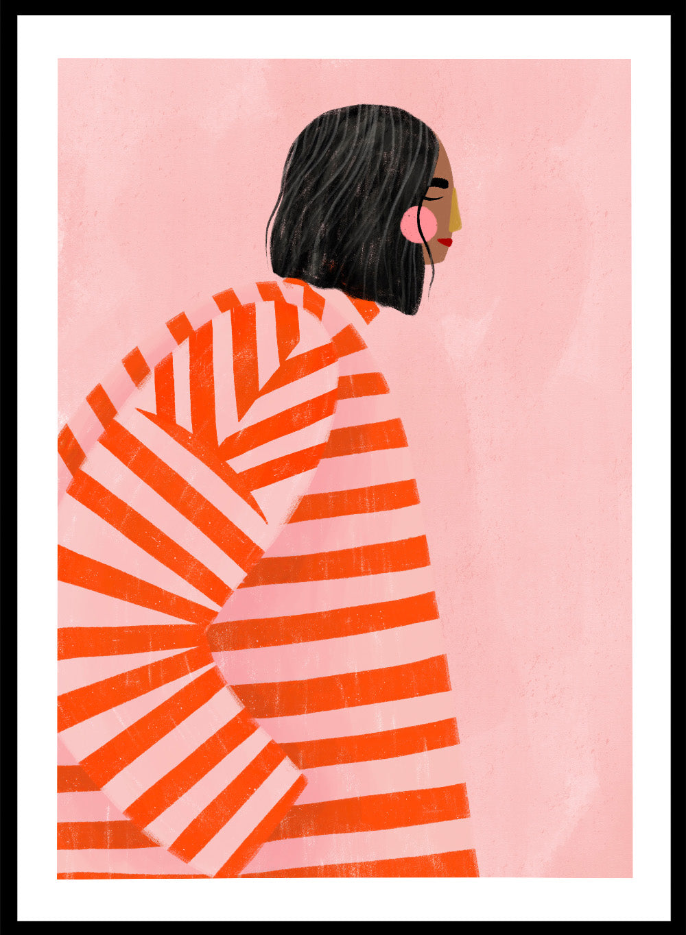 The Woman With the Orange Stripes by Bea Müller is an officially licensed art print featuring bold orange stripes and a modern illustrated woman. Available framed or unframed.