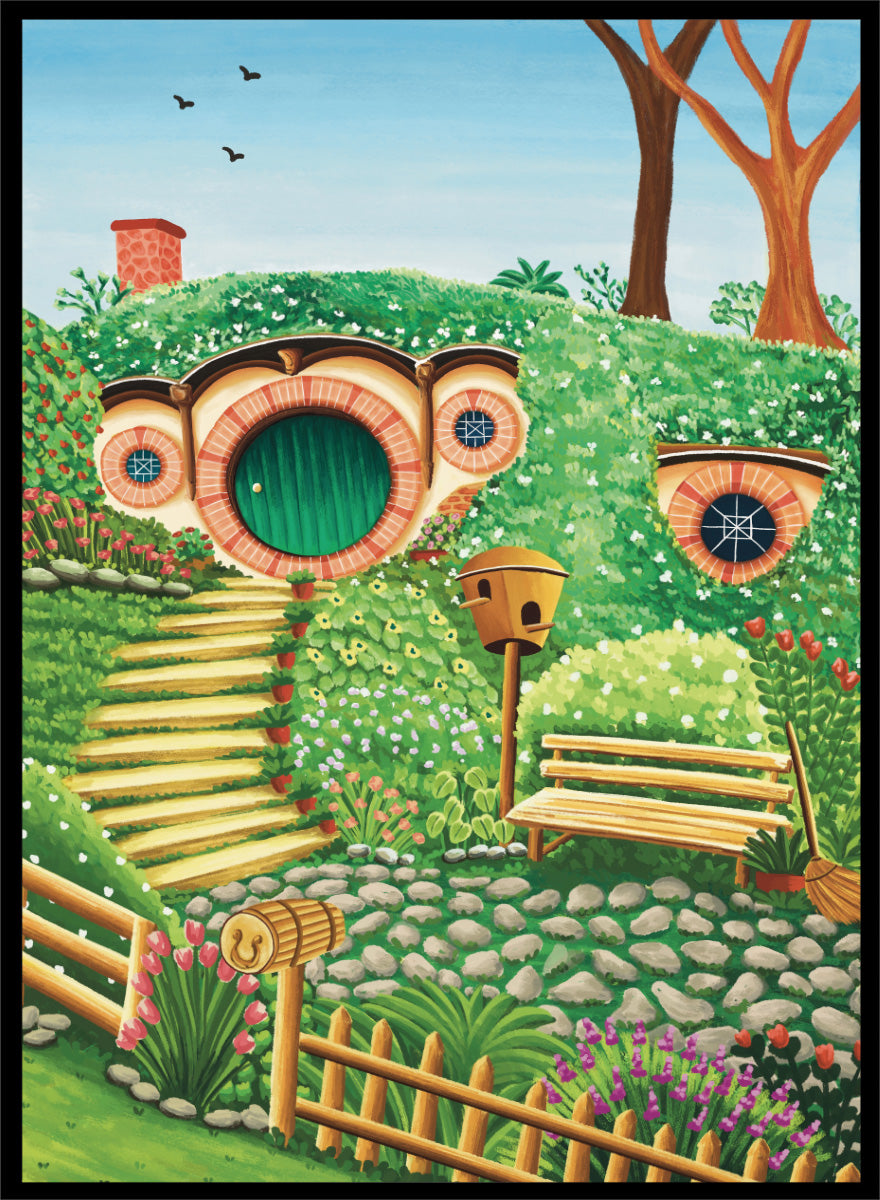 A colorful fantasy-style illustration of a hobbit hillside scene with a round green door, stone steps, flowers, trees, a bench, and a birdhouse under a blue sky. Shop Whimsical Hill House by Nidhi Kachhadiya, a colorful cottage wall art print featuring a garden home, lush greenery, flowers, and playful storybook details.