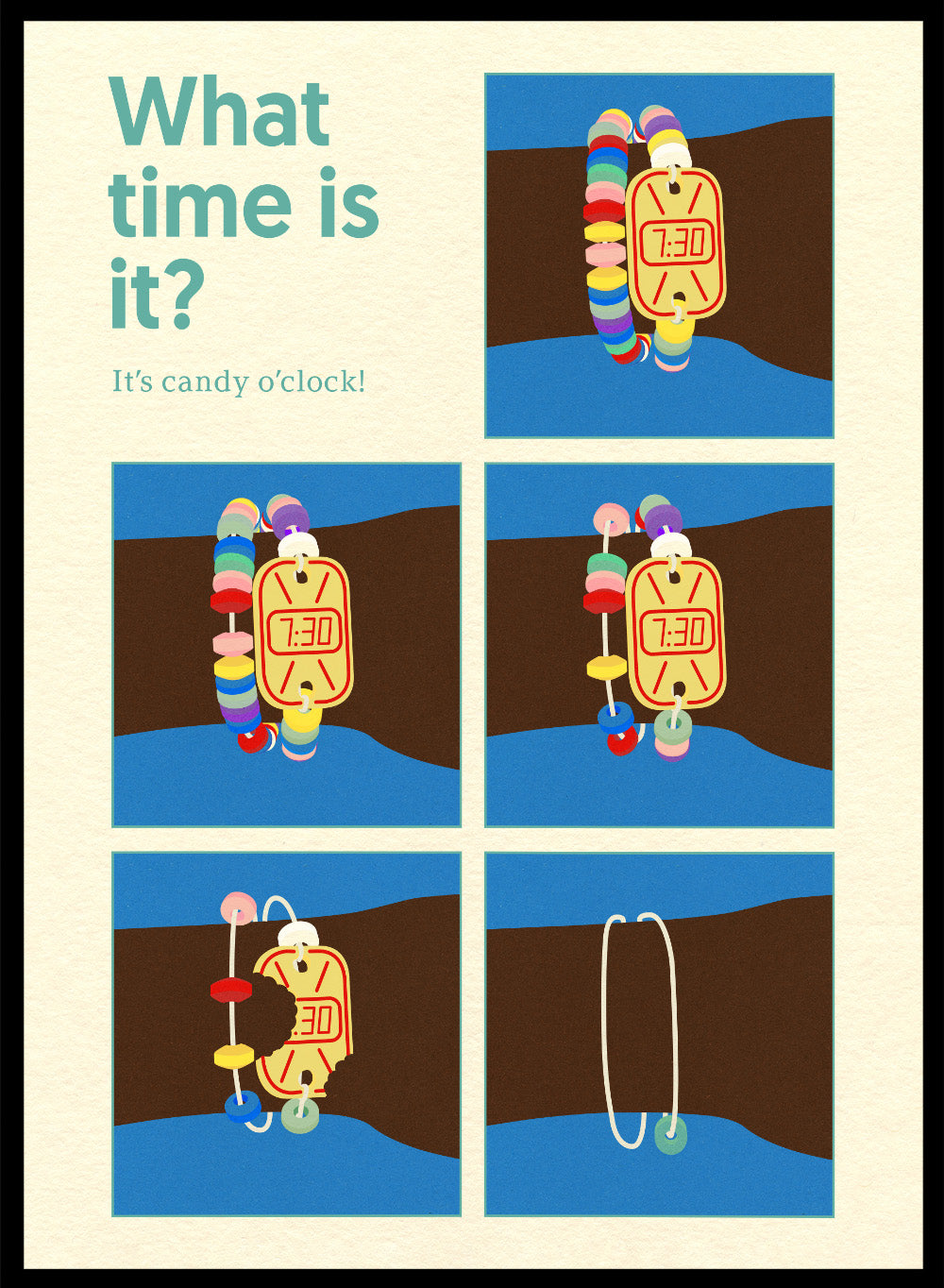 Cartoon character with a candy clock on wrist, asking 'What time is it? It's candy o'clock!' on a blue and brown background. Poster Candy Clock by Rosi Feist is a playful candy bracelet art print with bold Bauhaus design and retro color. Officially licensed modern wall poster.