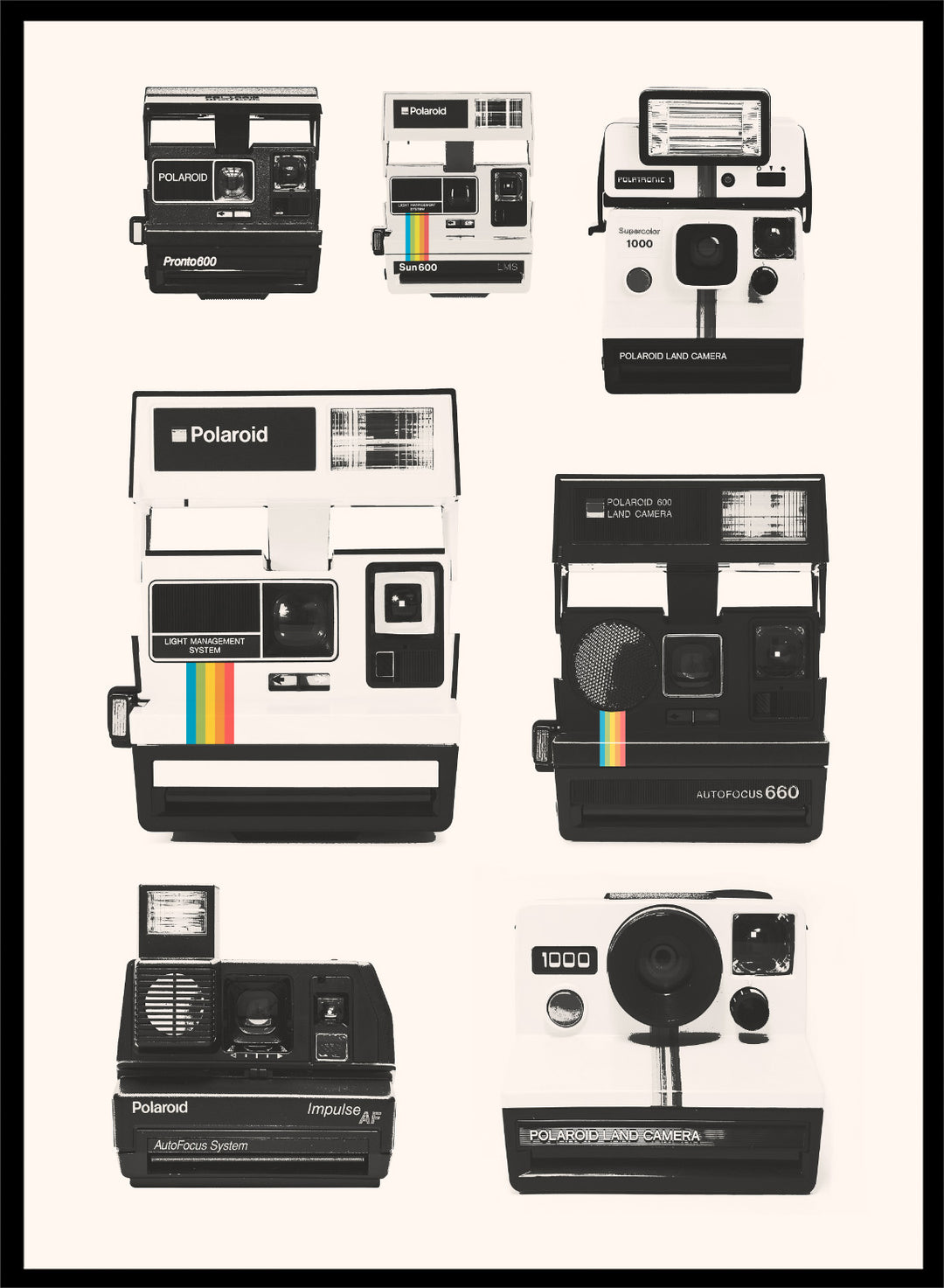 Collection of Polaroid cameras displayed against a white background. Vintage Instant Cameras by Florent Bodart is a retro camera art print featuring classic Polaroid designs, a modern wall poster for photography and design lovers.