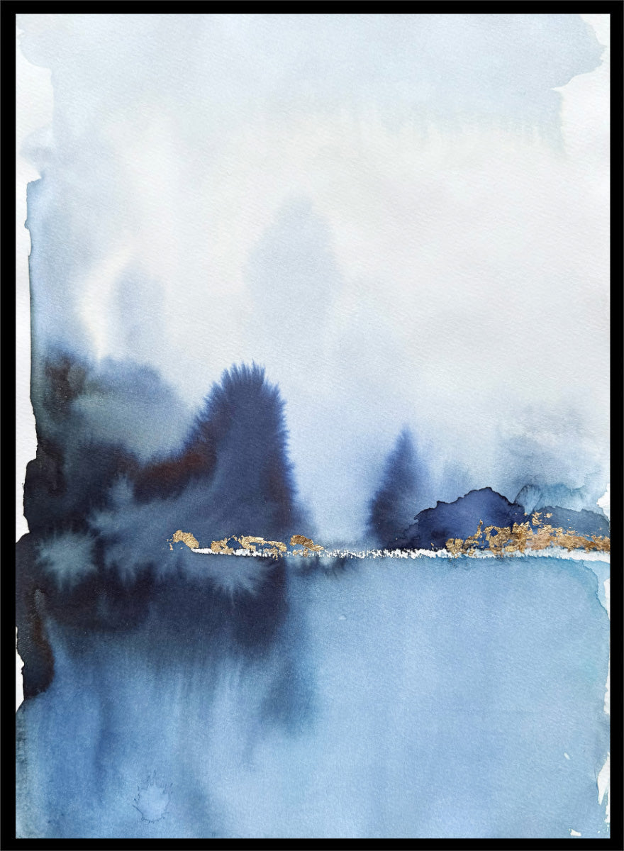Shop Golden Horizon Blue Landscape by Helena Ryhle, a watercolor landscape wall art print poster with misty blue scenery and a striking gold horizon.