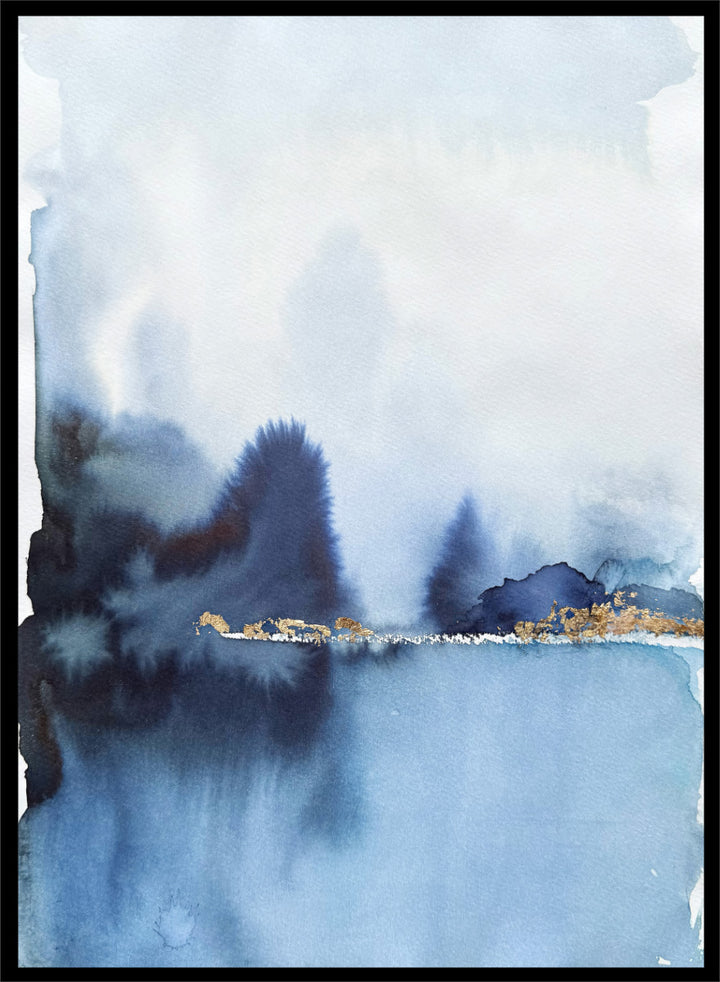 Shop Golden Horizon Blue Landscape by Helena Ryhle, a watercolor landscape wall art print poster with misty blue scenery and a striking gold horizon.