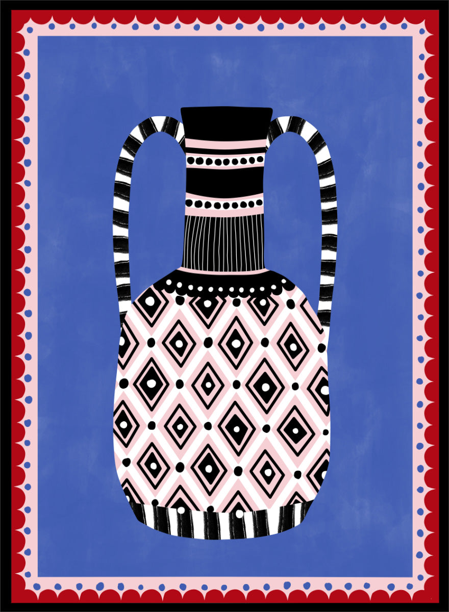 Shop Patterned Tribal Vase by Elena Ristova, a colorful wall art print poster featuring bold diamonds, stripes, pink, blue, black, and red details.