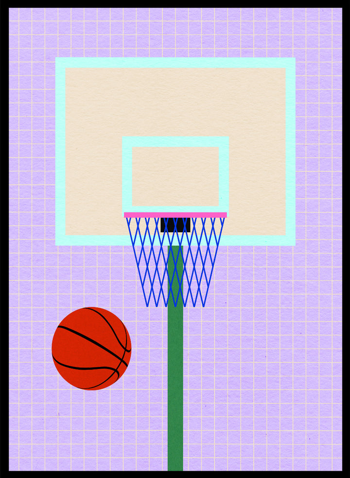 Basketball and hoop on a grid background. New York Basketball by Rosi Feist is a modern minimalist sports art print with bold graphic color and Bauhaus-inspired design. Officially licensed fine art poster with framing.