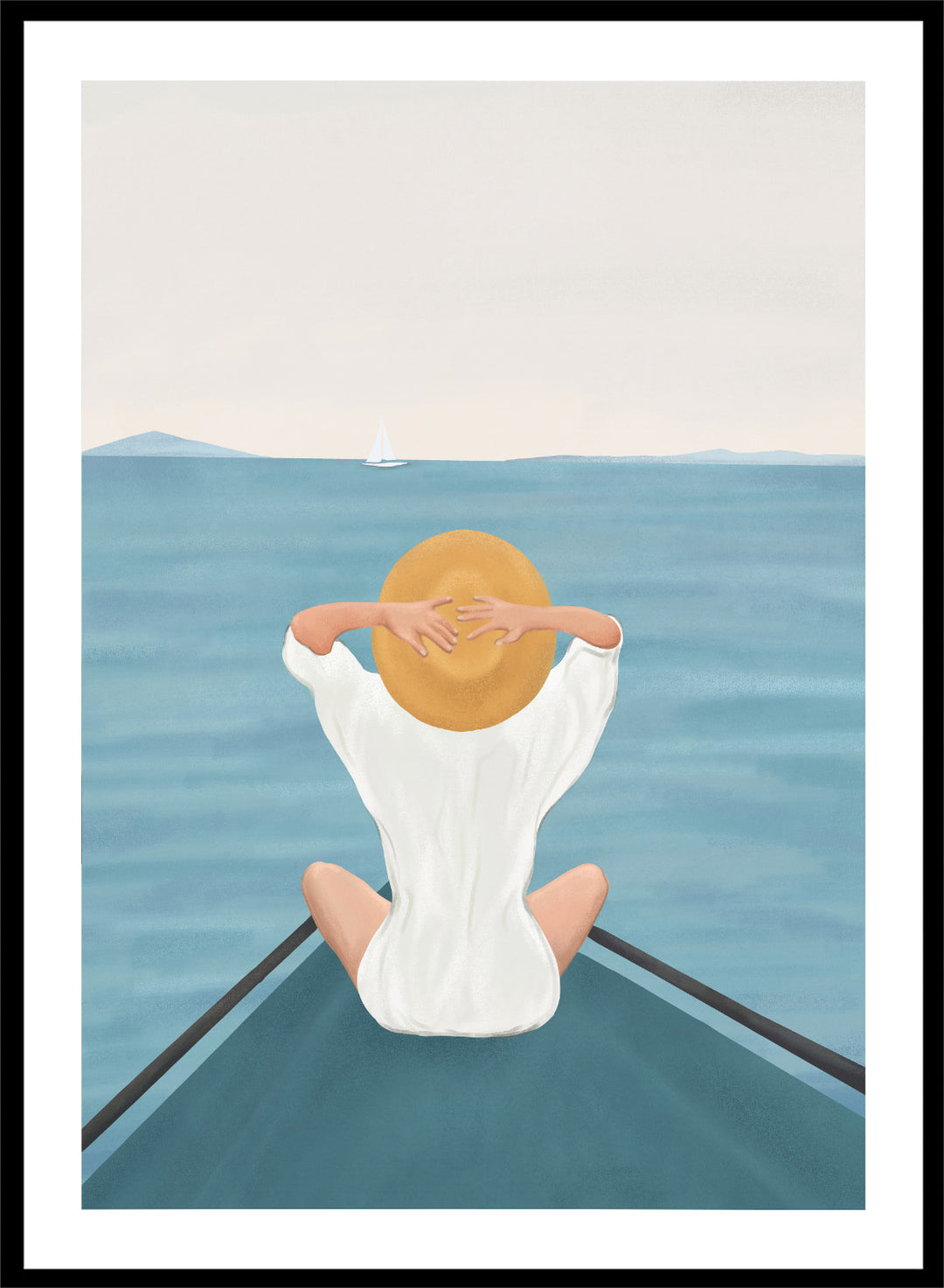 Person sitting on a dock over water wearing a white dress and straw hat. Ocean Escape by Flow Line features a woman sitting on a boat overlooking the sea, creating a coastal art print inspired by travel, summer, and ocean living.