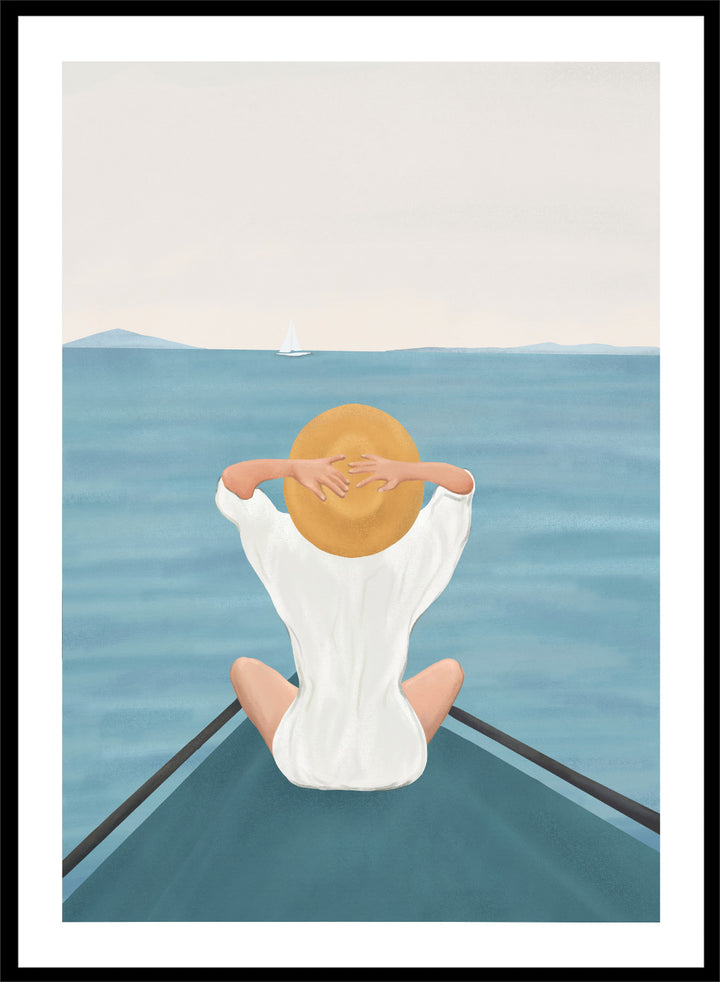 Person sitting on a dock over water wearing a white dress and straw hat. Ocean Escape by Flow Line features a woman sitting on a boat overlooking the sea, creating a coastal art print inspired by travel, summer, and ocean living.