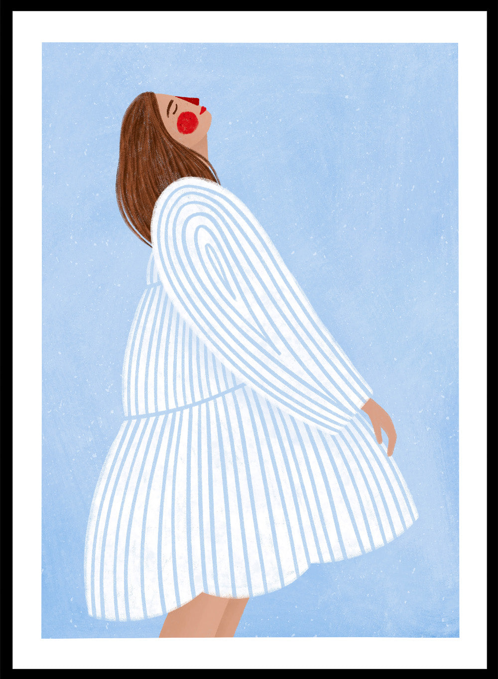 The Woman With the Blue Stripes by Bea Müller is an officially licensed art print featuring soft blue tones and a flowing modern portrait. Framed or unframed options available.