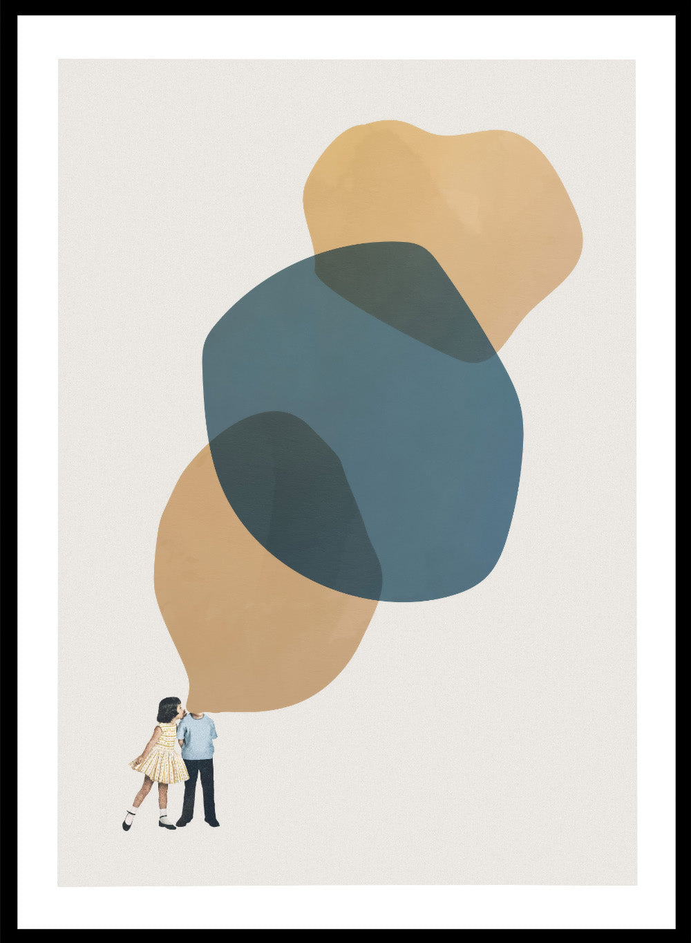 A Thousand Stories to Tell You by Maarten Léon collage art print showing two children with abstract shapes above them. Premium fine art print with real wood framing.