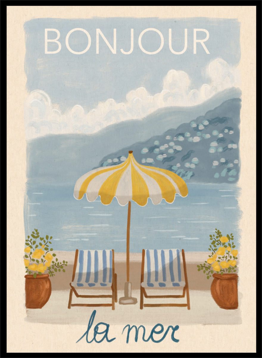 A vintage-style illustrated poster or print showing a beach scene with two striped lounge chairs under a yellow-and-white umbrella, potted plants, blue water, and mountains in the background. The words 'BONJOUR la mer' appear at the top and bottom. Bonjour La Mer Retreat by Katarzyna Gąsiorowska coastal art print with striped loungers, a beach umbrella, and a relaxed Mediterranean feel.
