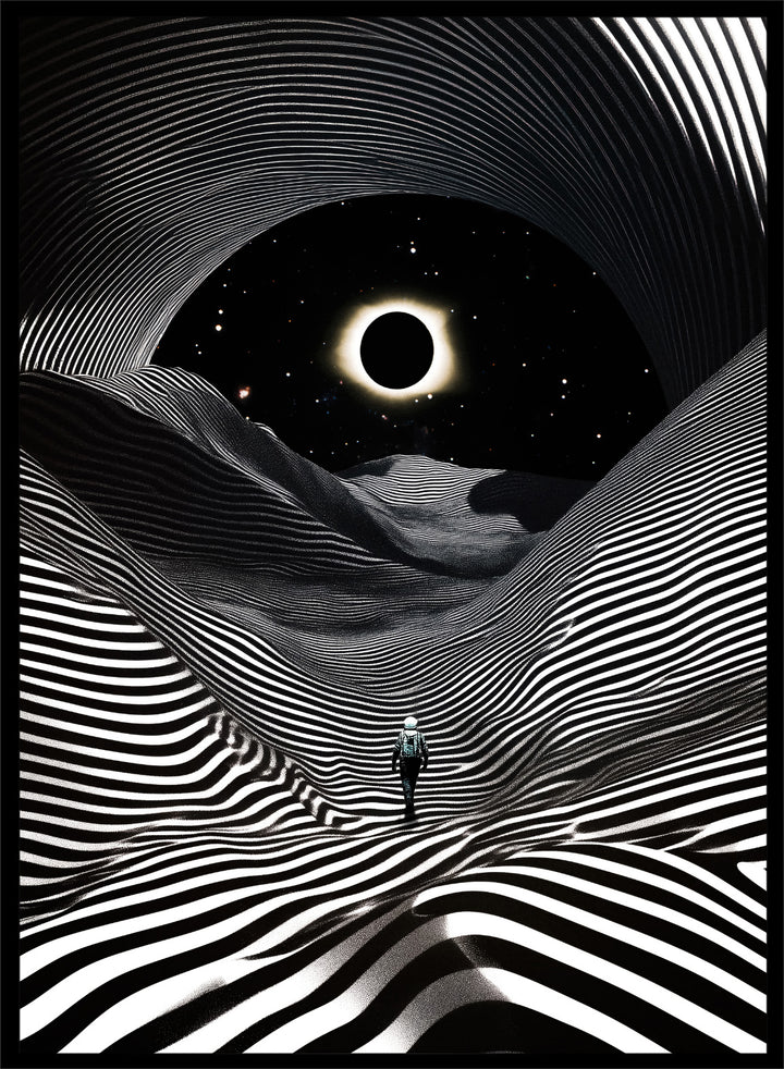 Black and white abstract design with a person standing in a tunnel-like pattern, featuring a celestial body in the center. New Adventures In Foreign Lands by Taudalpoi astronaut eclipse art print with black and white striped landscape and cosmic sky surreal poster.