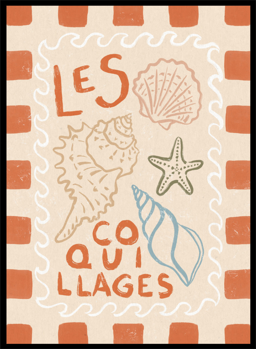 A square decorative print or card with the French text “LES COQUILLAGES” in orange lettering, surrounded by illustrated seashells and a starfish on a cream background with an orange-and-white check border. Rustic French Seashells by Katarzyna Gąsiorowska coastal art print with hand-drawn shells, a starfish, French lettering, and terracotta checks.
