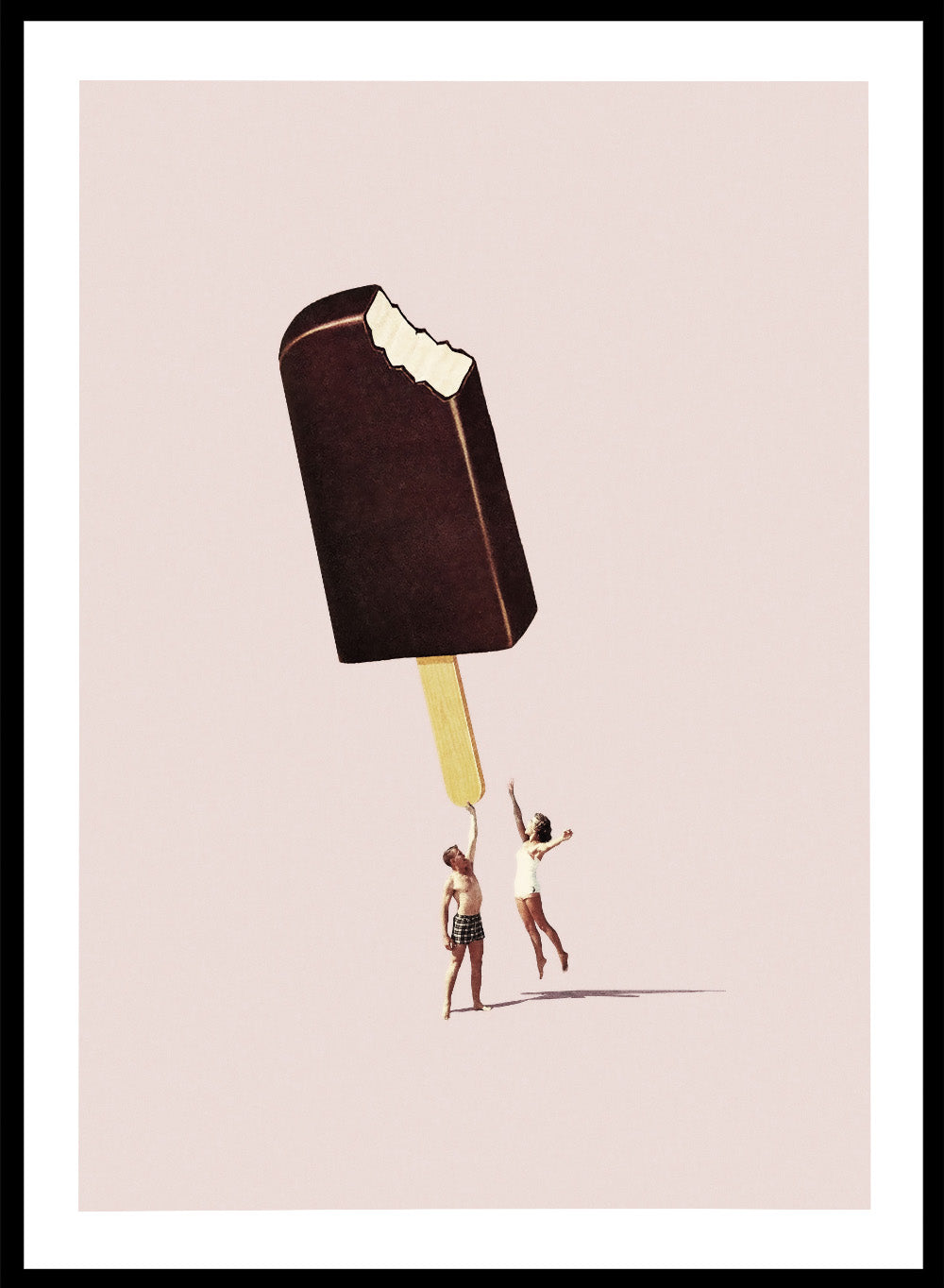 You Treat Me Well by Maarten Léon collage art print featuring two figures holding a melting ice cream. Premium fine art print with real wood framing.