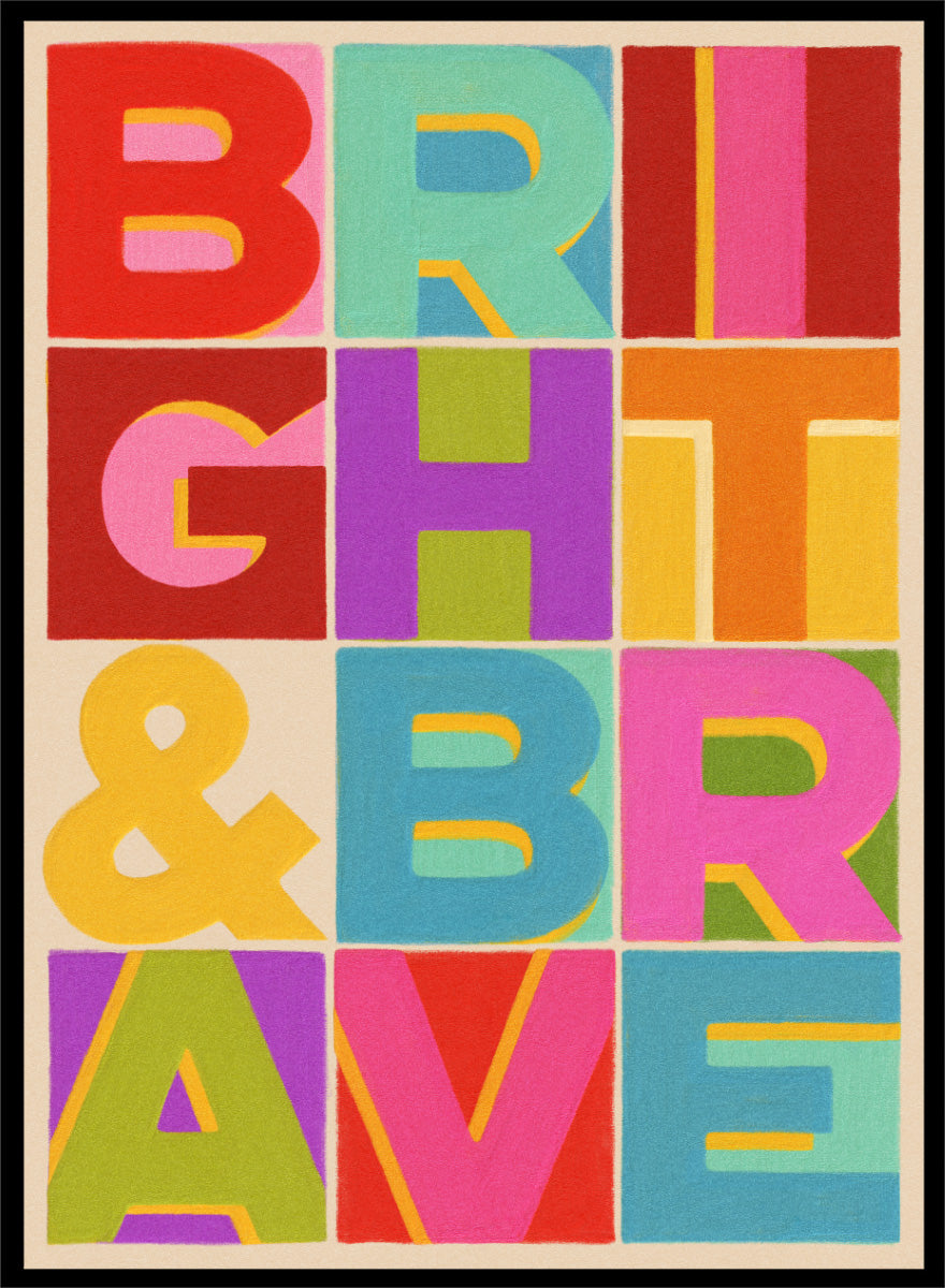 Shop Bright and Brave Letters by Dominique Vari, a colorful typography wall art print poster featuring bold retro lettering in pink, red, blue, green, and yellow.