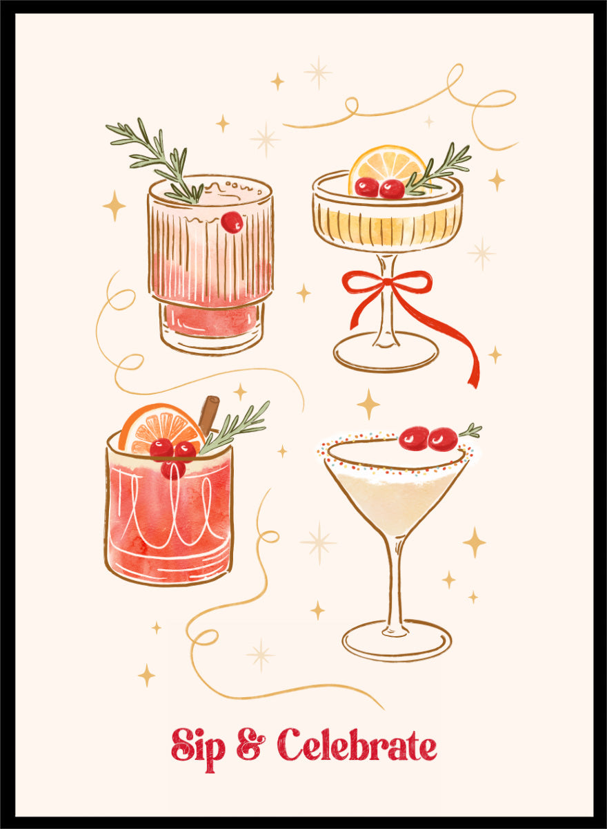 Shop Festive Holiday Christmas Cocktails by Katarzyna Gąsiorowska, a festive cocktail wall art print poster featuring illustrated drinks, cherries, and citrus.