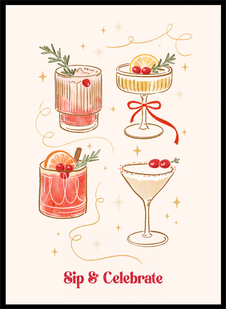 Shop Festive Holiday Christmas Cocktails by Katarzyna Gąsiorowska, a festive cocktail wall art print poster featuring illustrated drinks, cherries, and citrus.