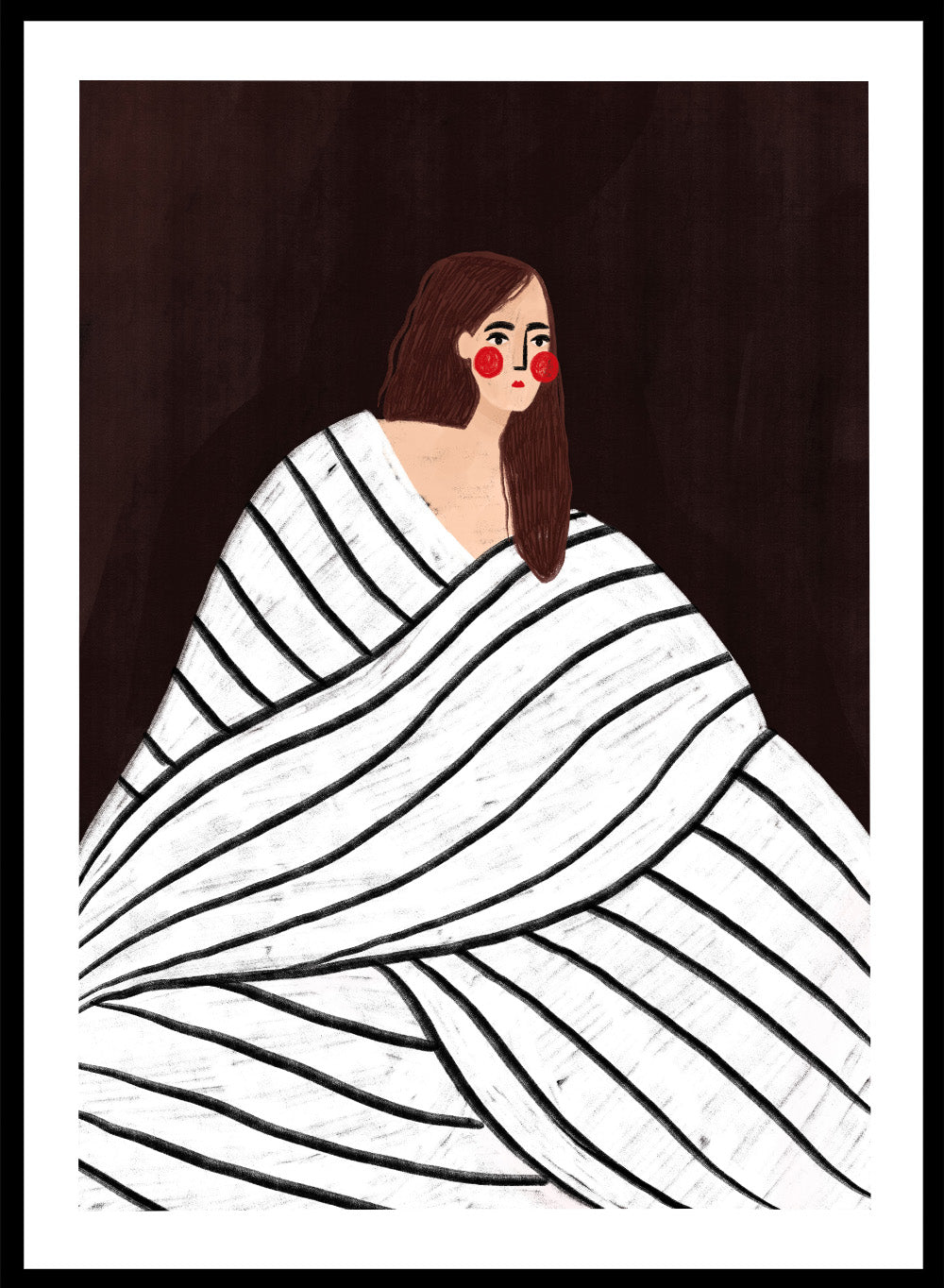 The Woman With Black and White Stripes by Bea Müller is an officially licensed art print featuring a bold modern portrait with graphic stripes. Available framed or unframed.