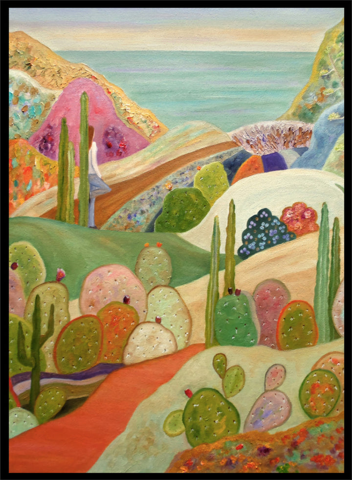 A colorful landscape painting featuring stylized cacti and succulents in a desert valley, with rolling hills, a pink mountain, and a blue sea or sky in the background. Shop Colorful Desert Yoga View by Angeles M. Pomata, a colorful desert landscape art print featuring cacti, rolling hills, a yoga figure, and coastal views.