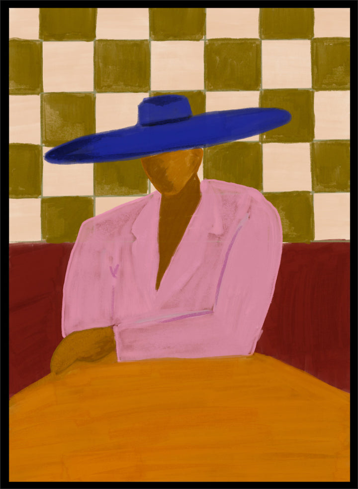 A stylized painting of a seated figure wearing a wide blue hat and pink top, with a red couch and a beige-and-olive checkered wall behind them. Blue Hat Chic by The Art Concept portrait art print featuring a cobalt blue hat, pink jacket, checkerboard backdrop, and bold modern color.