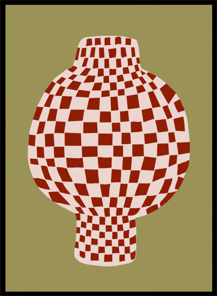 A stylized graphic print of a vase with a red and off-white checkerboard pattern, set against an olive green background. Retro Checkered Vase by The Art Concept is a modern still life art print featuring a red checkered vase, olive green background, and playful retro style.