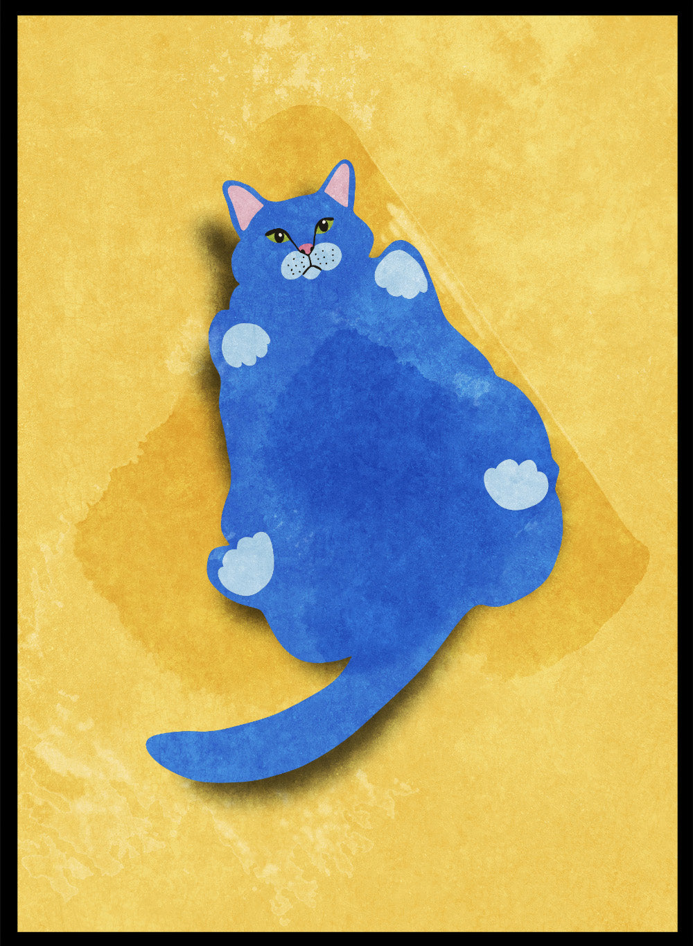 Blue cat illustration on a yellow textured background. Fat Cat by Raissa Oltmanns is a modern cat art print featuring a bold blue feline on yellow background in contemporary wall poster style.